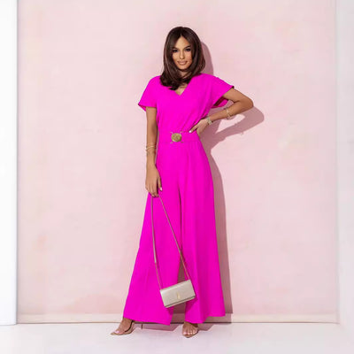 Women Clothing Solid Color V neck Tight Waist Short Sleeve Casual Trousers Jumpsuit