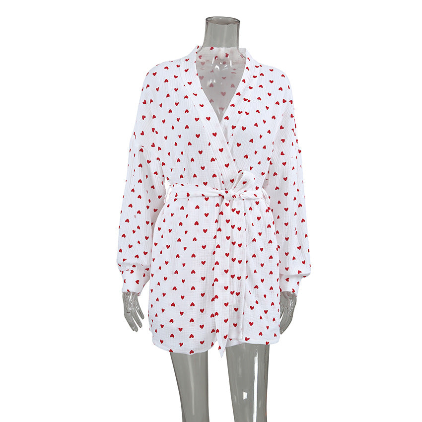 Pure Cotton Ladies' Homewear Heart Printing Nightgown Shorts Two Piece Set Spring Thermal Pajamas