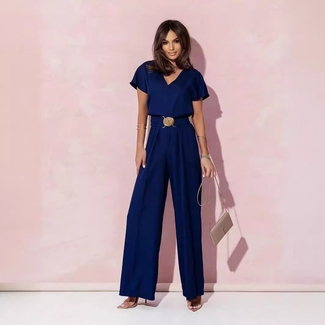 Women Clothing Solid Color V neck Tight Waist Short Sleeve Casual Trousers Jumpsuit