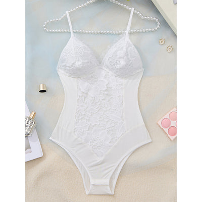 One Piece Sexy Lingerie Sukumizu Modal Stitching Water Soluble Lace White Sexy Jumpsuit