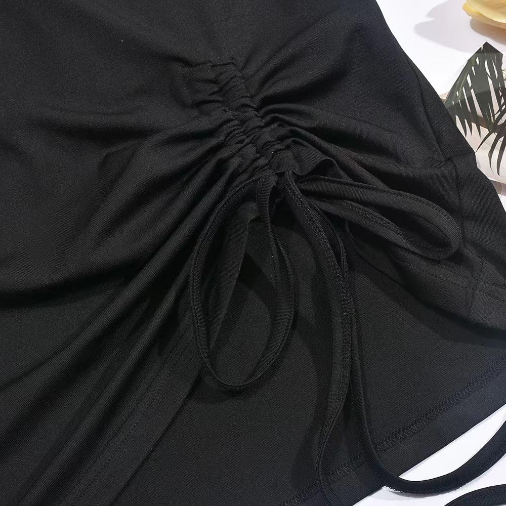 Spring Summer Women Heart Shaped Rhinestone Round Neck Drawstring T Shirt Top