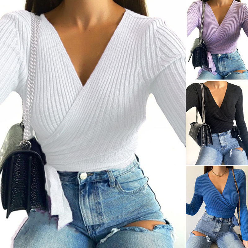 Sleeve Lace up Knitwear Bottoming Shirt