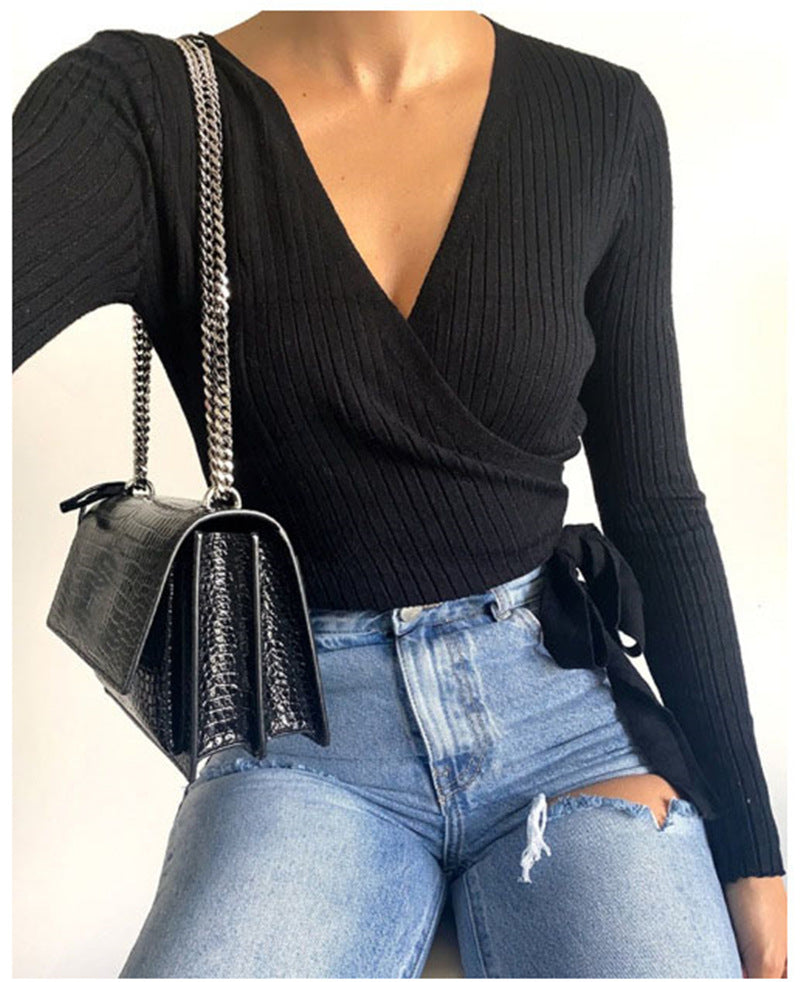 Sleeve Lace up Knitwear Bottoming Shirt