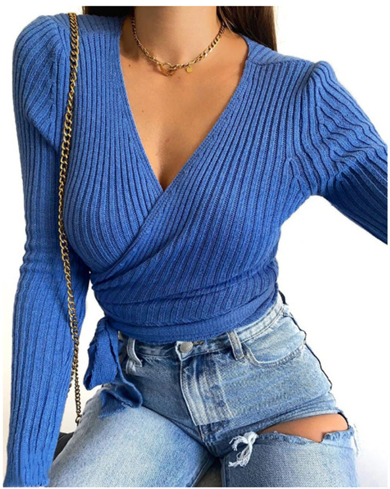 Sleeve Lace up Knitwear Bottoming Shirt