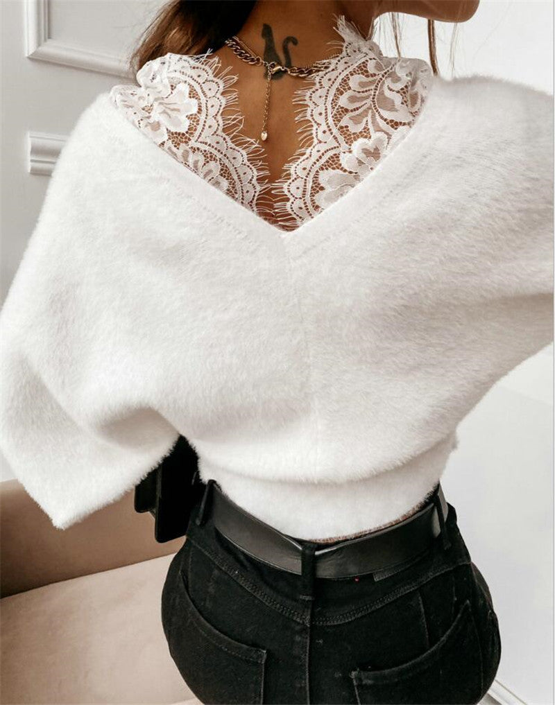 Solid Color Lace Strap Flannel Long Sleeved