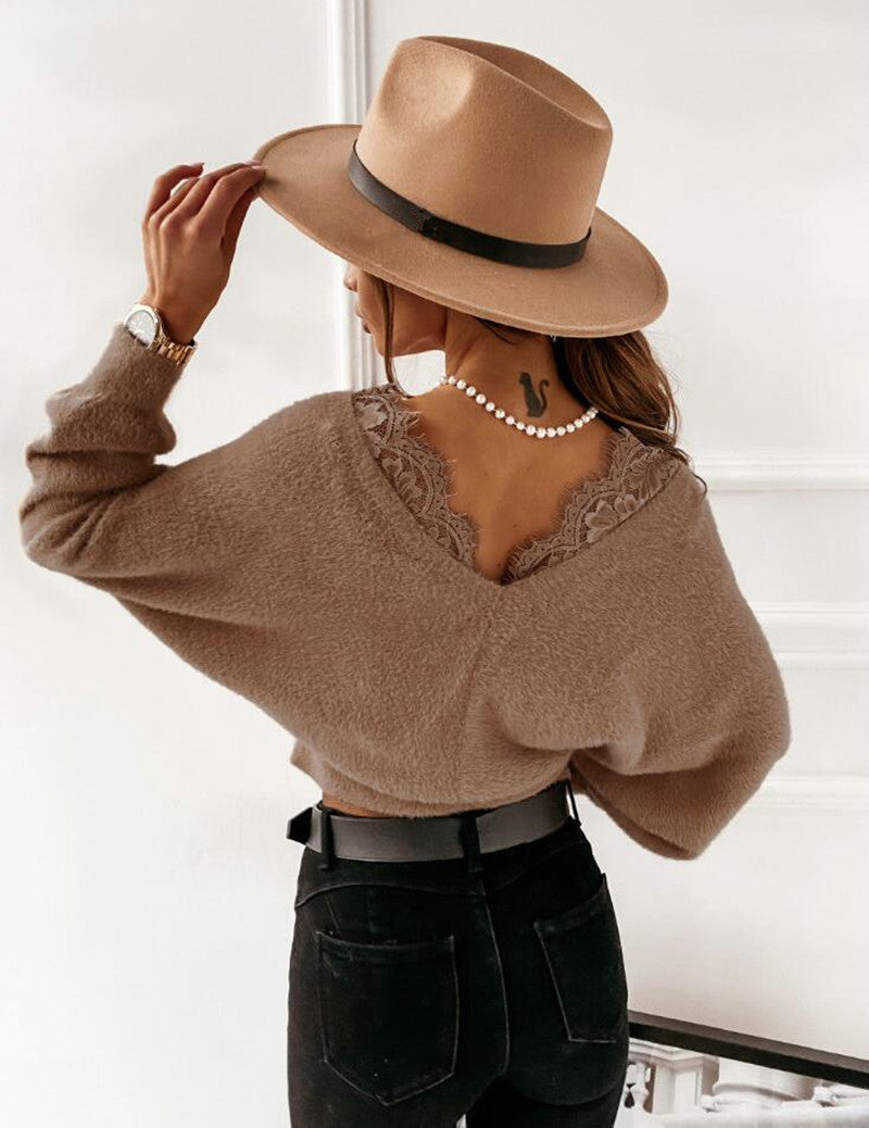 Solid Color Lace Strap Flannel Long Sleeved
