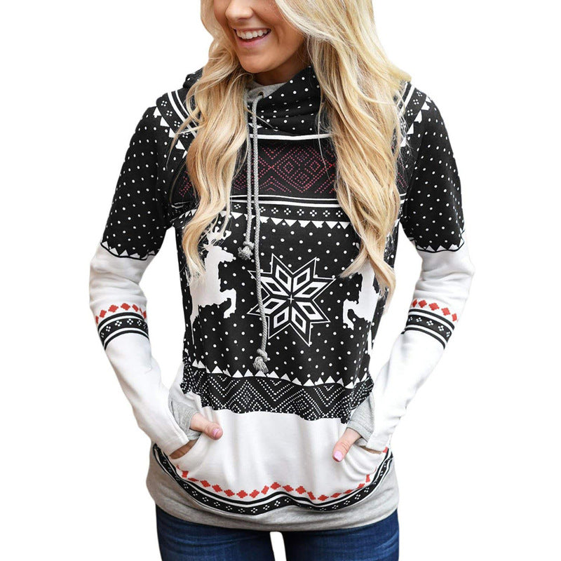 Christmas Printing Pocket Long Sleeve Hooded