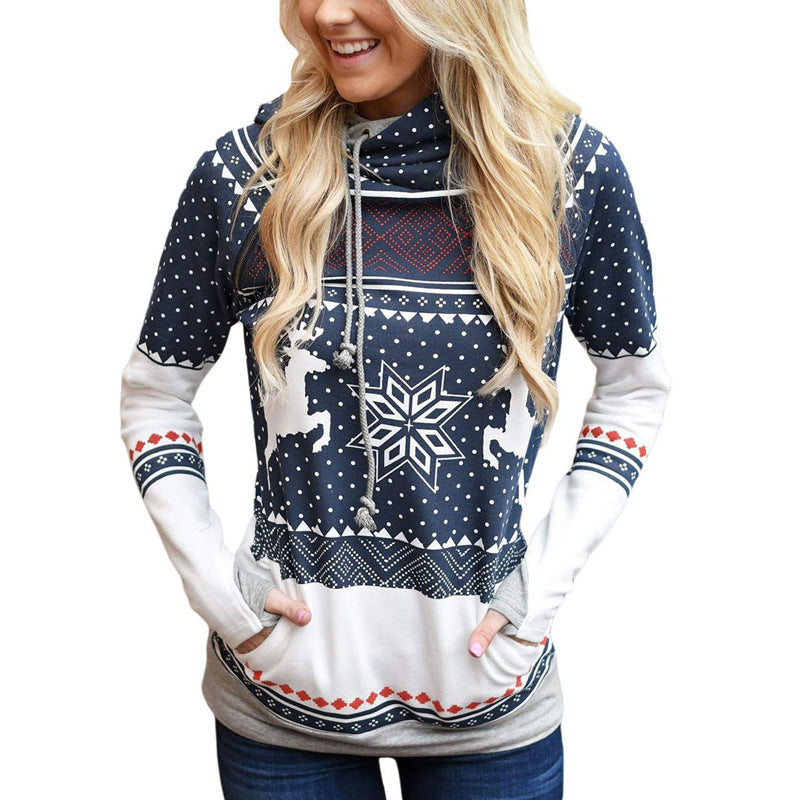 Christmas Printing Pocket Long Sleeve Hooded