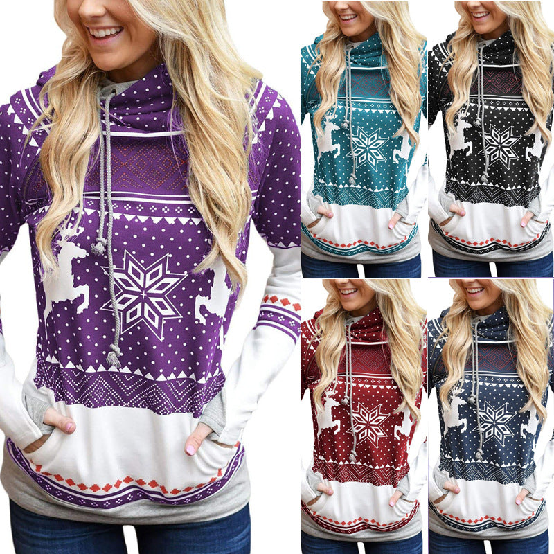 Christmas Printing Pocket Long Sleeve Hooded