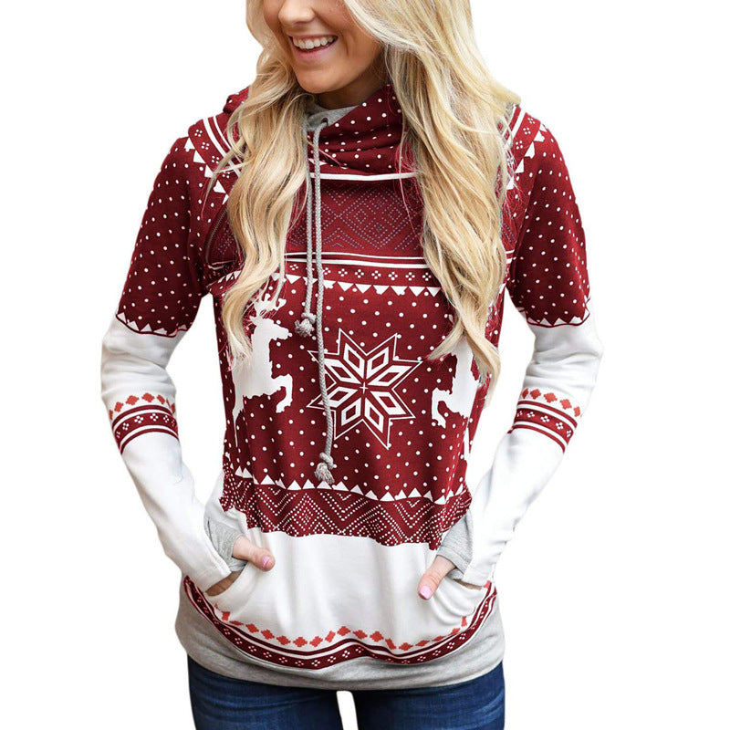 Christmas Printing Pocket Long Sleeve Hooded