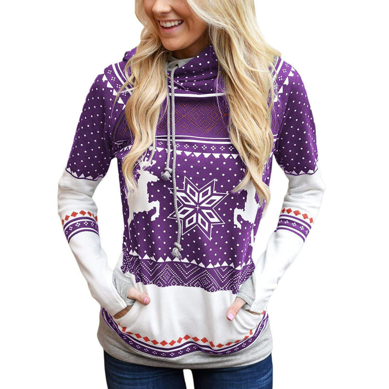 Christmas Printing Pocket Long Sleeve Hooded