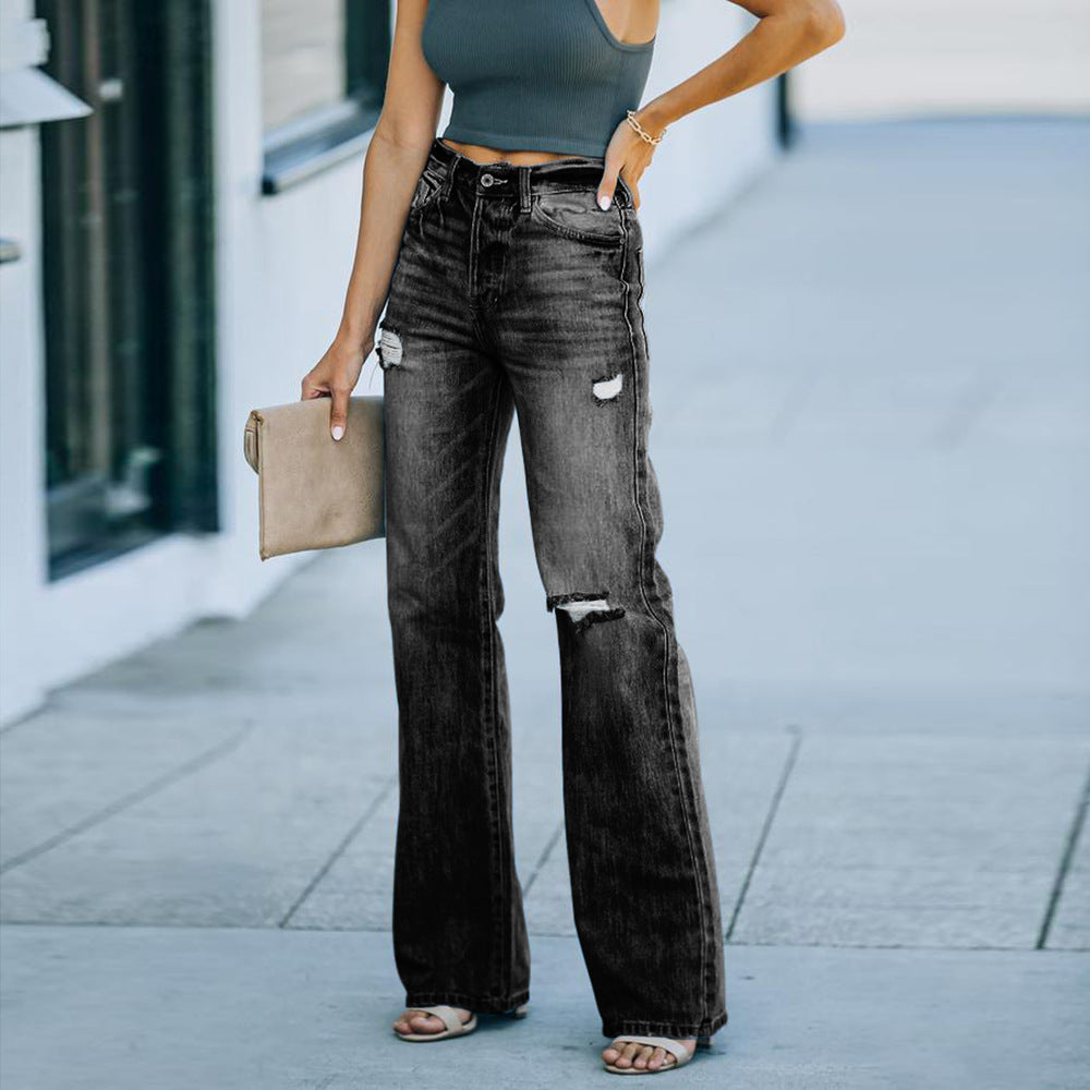 Slimming Temperament Ripped Wide-Leg Jeans