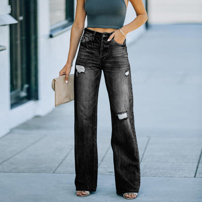 Slimming Temperament Ripped Wide-Leg Jeans