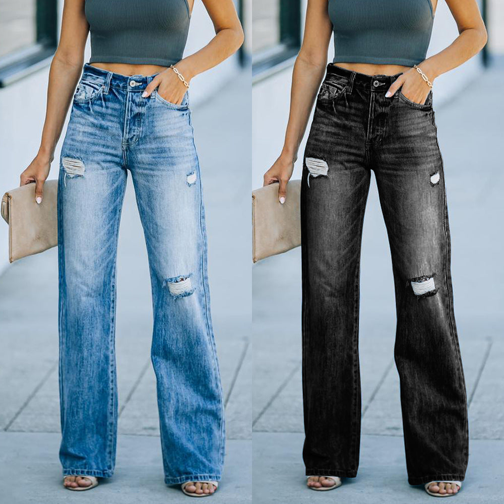 Slimming Temperament Ripped Wide-Leg Jeans