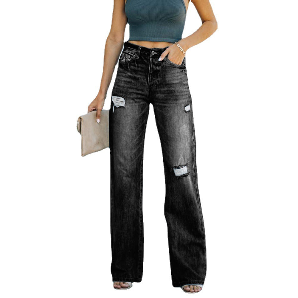 Slimming Temperament Ripped Wide-Leg Jeans